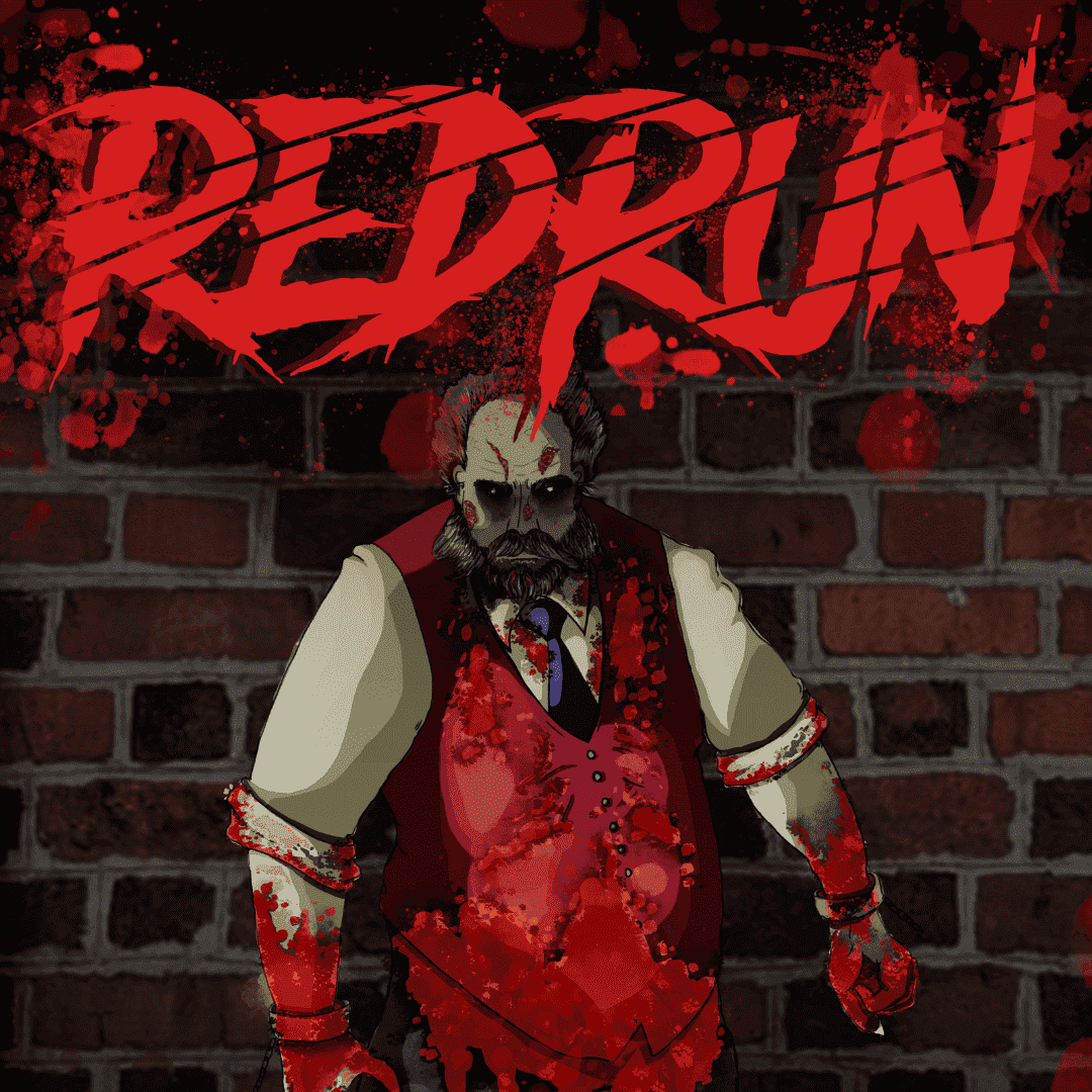 The bloody poster for Redrun, featuring the red vest boss on the cover servicing undead realness